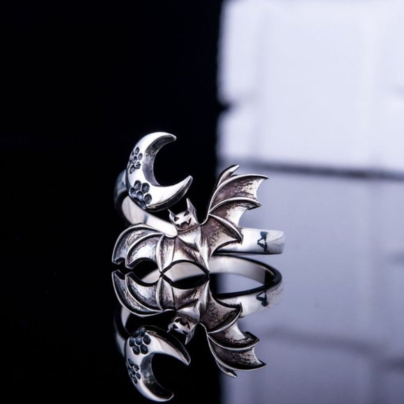 Bat & Crescent Moon Silver Adjustable Open Ring - Picture 5 of 8